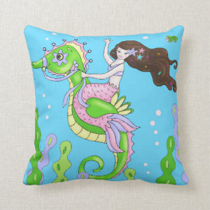 Brown hair mermaid or pink octopus pillow