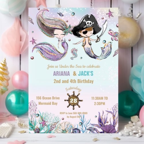 Brown Hair Mermaids Pirates Twins Joint Birthday Invitation