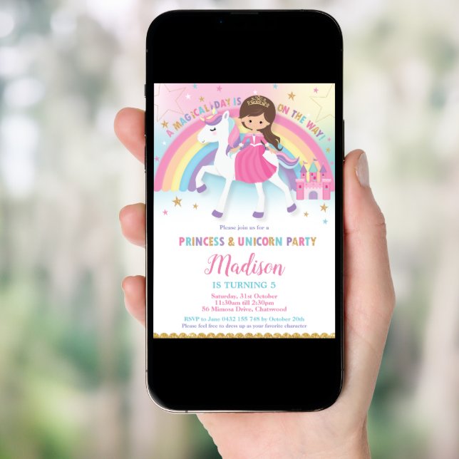 Brown Hair Princess and Unicorn Birthday Party Invitation (Front Digital)