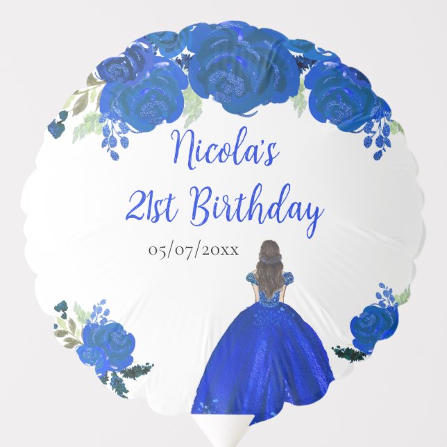 Brown Hair Princess Blue Floral Birthday Party Balloon (Front)