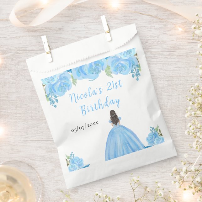 Brown Hair Princess Blue Floral Birthday Party Favor Bag (Clipped)