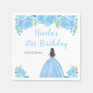Brown Hair Princess Blue Floral Birthday Party Napkins
