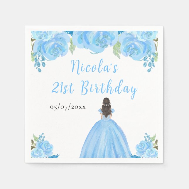 Brown Hair Princess Blue Floral Birthday Party Napkins (Front)