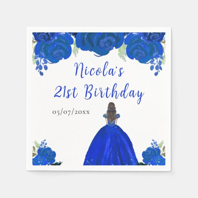 Brown Hair Princess Blue Floral Birthday Party Napkins (Front)
