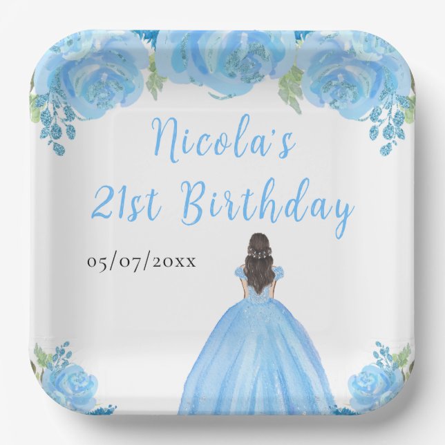 Brown Hair Princess Blue Floral Birthday Party Paper Plates (Front)