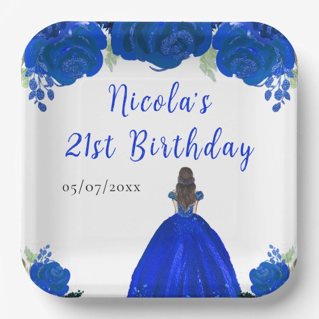 Brown Hair Princess Blue Floral Birthday Party Paper Plates (Front)