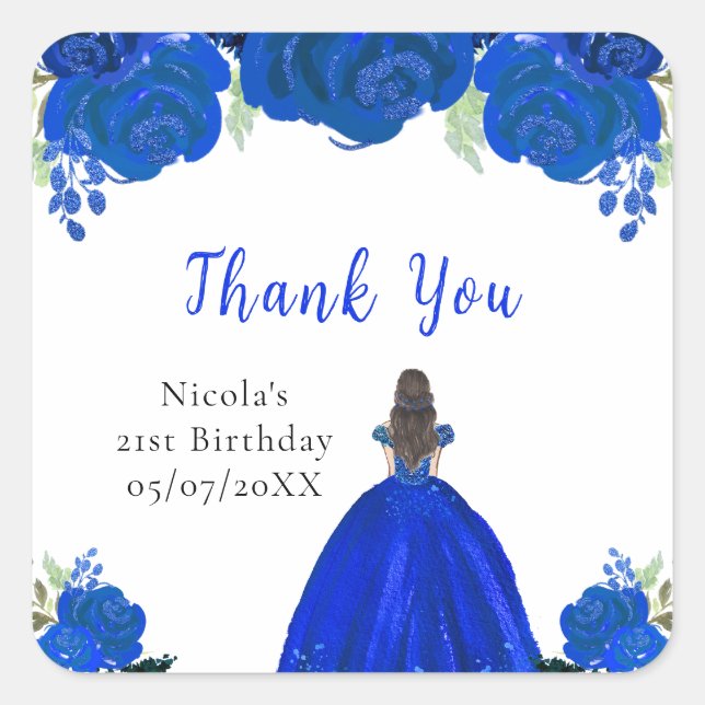 Brown Hair Princess Blue Floral Birthday Party Square Sticker (Front)