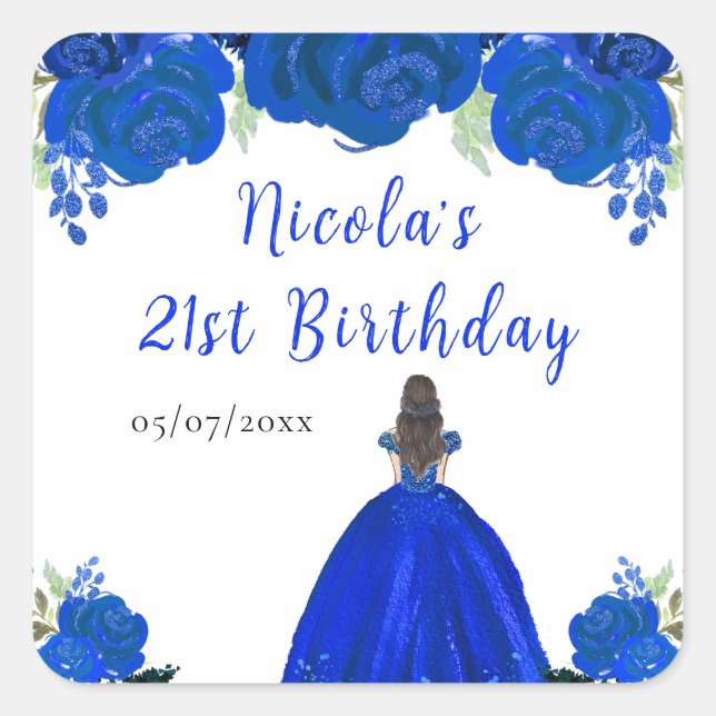 Brown Hair Princess Blue Floral Birthday Party Square Sticker (Front)