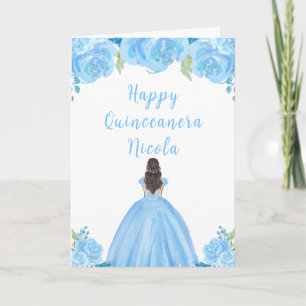 Brown Hair Princess Blue Floral Quinceanera Card