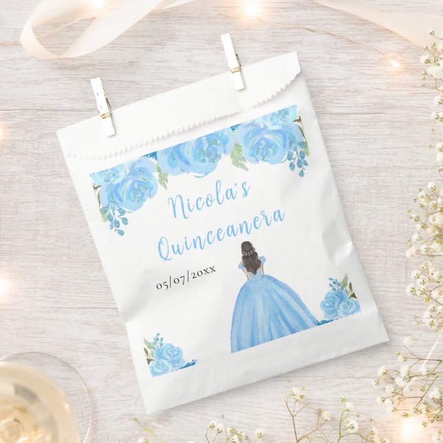 Brown Hair Princess Blue Floral Quinceanera Favor Bag (Clipped)