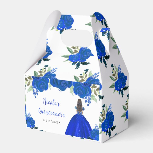Brown Hair Princess Blue Floral Quinceanera Favor Boxes (Front Side)