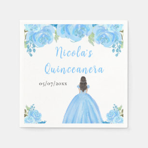 Brown Hair Princess Blue Floral Quinceanera Napkins