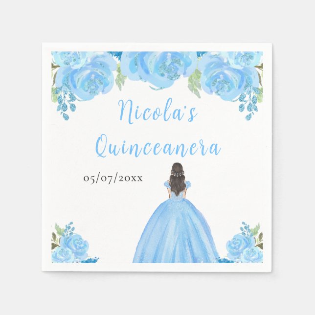 Brown Hair Princess Blue Floral Quinceanera Napkins (Front)