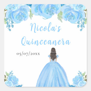 Brown Hair Princess Blue Floral Quinceanera Square Sticker