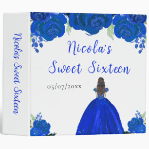 Brown Hair Princess Blue Floral Sweet Sixteen 3 Ring Binder