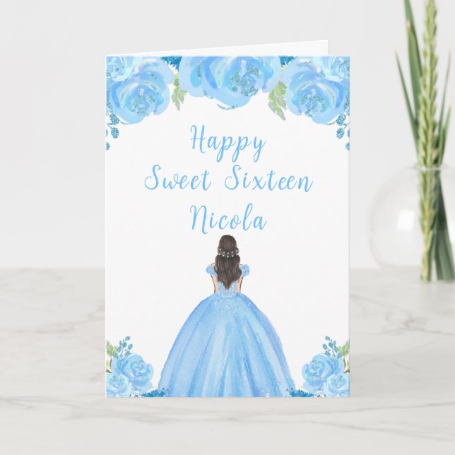 Brown Hair Princess Blue Floral Sweet Sixteen  Card (Front)