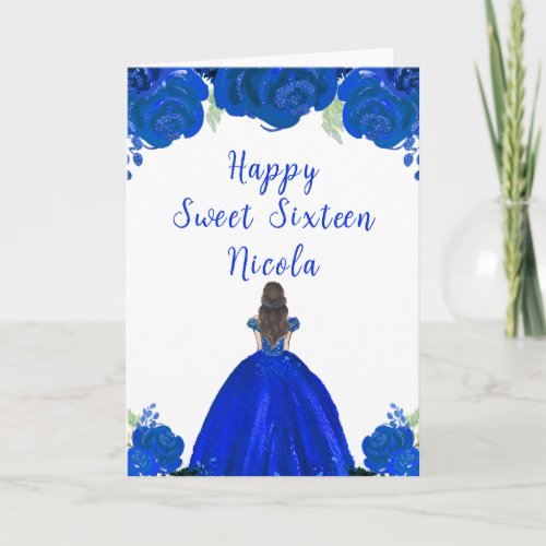 Brown Hair Princess Blue Floral Sweet Sixteen  Card