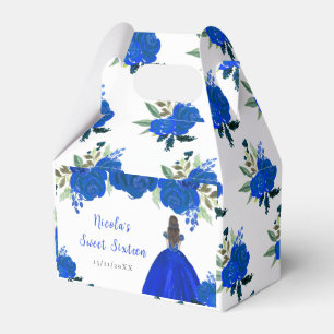 Brown Hair Princess Blue Floral Sweet Sixteen Favor Boxes