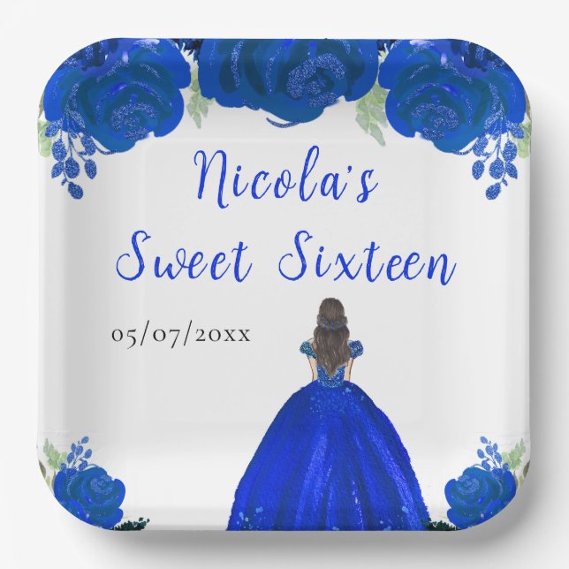 Brown Hair Princess Blue Floral Sweet Sixteen  Paper Plates (Front)