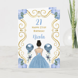 Brown Hair Princess Blue Happy Birthday Card