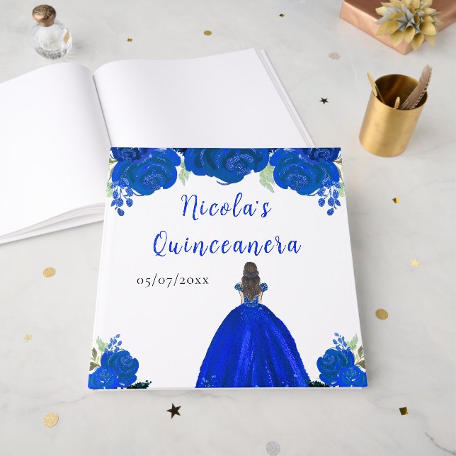 Brown Hair Princess Blue Quinceanera Guest Book (Front Open)