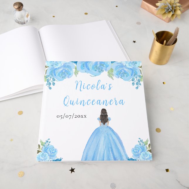 Brown Hair Princess Blue Quinceanera Guest Book (Front Open)