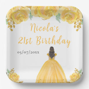 Brown Hair Princess Gold Floral Birthday Party Paper Plates