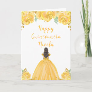 Brown Hair Princess Gold Floral Quinceanera Card
