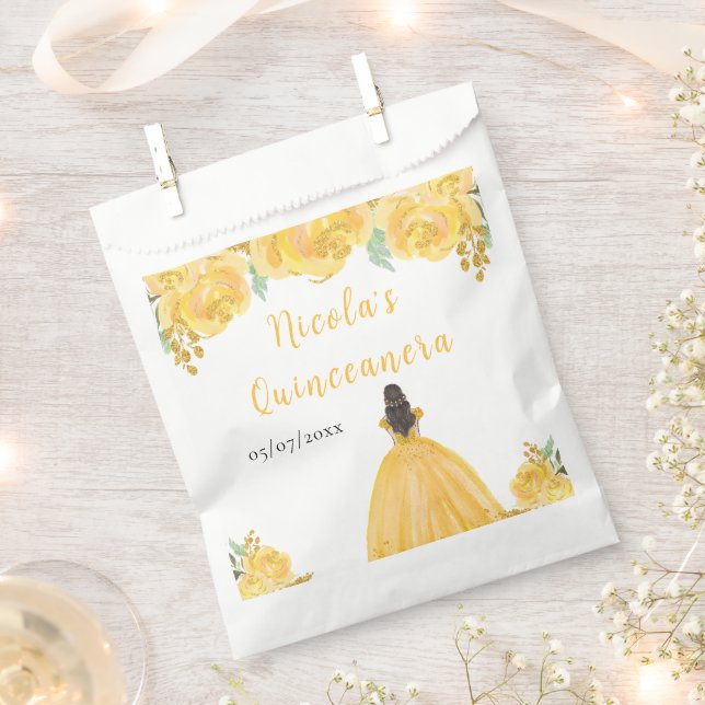Brown Hair Princess Gold Floral Quinceanera Favor Bag (Clipped)