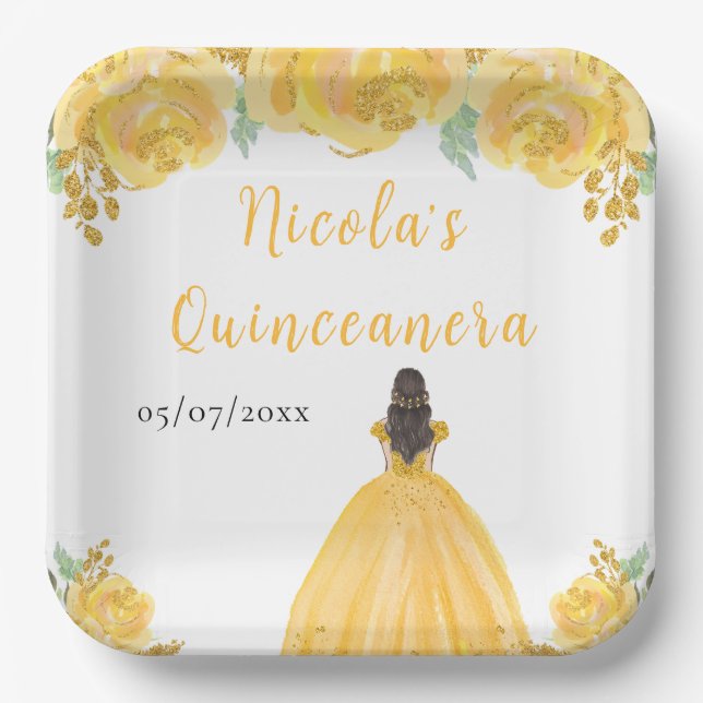 Brown Hair Princess Gold Floral Quinceanera Paper Plates (Front)
