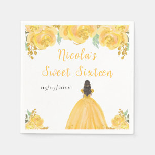 Brown Hair Princess Gold Floral Sweet Sixteen Napkins
