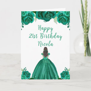Brown Hair Princess Green Floral Birthday Party Card