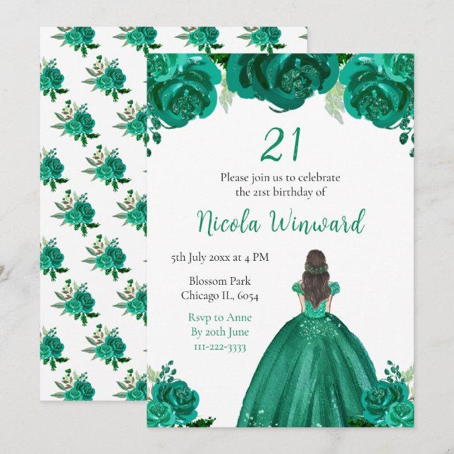 Brown Hair Princess Green Floral Birthday Party Invitation (Front/Back)