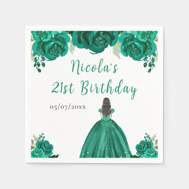 Brown Hair Princess Green Floral Birthday Party Napkins (Front)