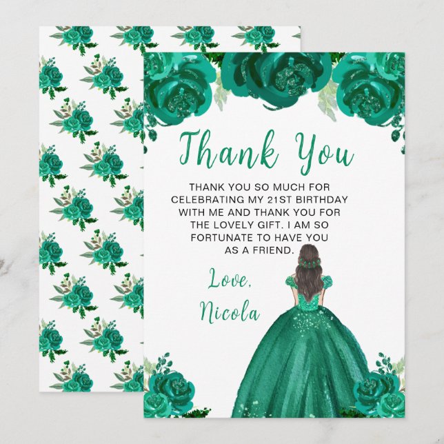 Brown Hair Princess Green Floral Birthday Party Thank You Card (Front/Back)