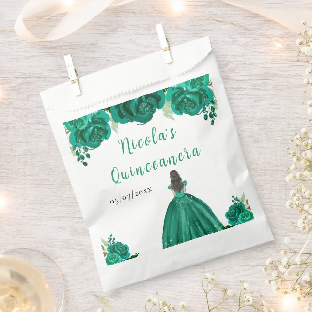 Brown Hair Princess Green Floral Quinceanera Favor Bag (Clipped)