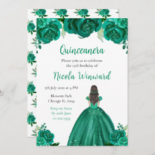 Brown Hair Princess Green Floral Quinceanera Invitation