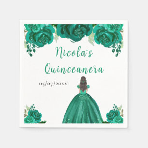 Brown Hair Princess Green Floral Quinceanera Napkins