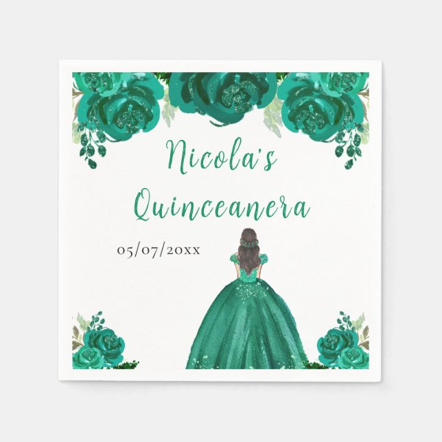 Brown Hair Princess Green Floral Quinceanera Napkins (Front)