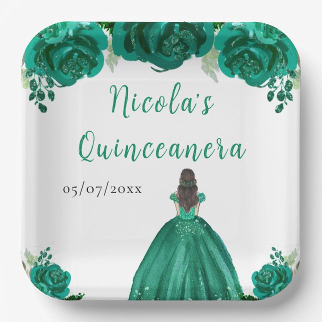Brown Hair Princess Green Floral Quinceanera Paper Plates (Front)