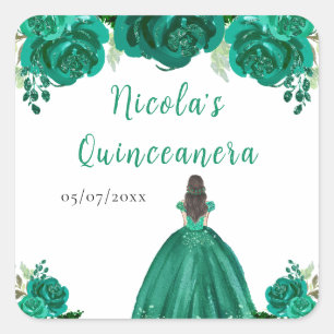 Brown Hair Princess Green Floral Quinceanera Square Sticker