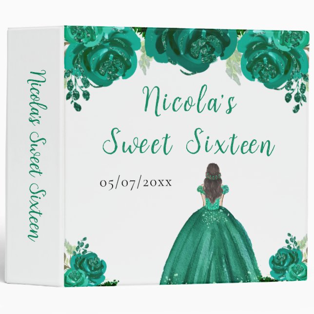 Brown Hair Princess Green Floral Sweet Sixteen 3 Ring Binder (Front/Spine)