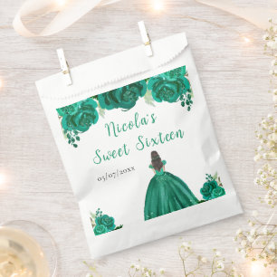Brown Hair Princess Green Floral Sweet Sixteen Favor Bag