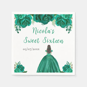 Brown Hair Princess Green Floral Sweet Sixteen Napkins