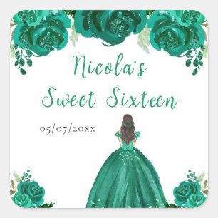 Brown Hair Princess Green Floral Sweet Sixteen Square Sticker