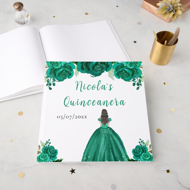 Brown Hair Princess Green Quinceanera Guest Book (Front Open)