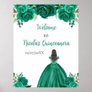 Brown Hair Princess Green Quinceanera Welcome Poster