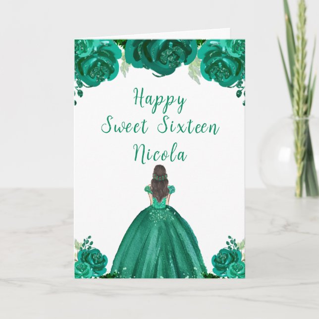 Brown Hair Princess Green Sweet Sixteen  Card (Front)