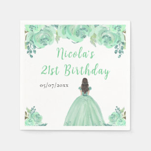 Brown Hair Princess Mint Floral Birthday Party Napkins
