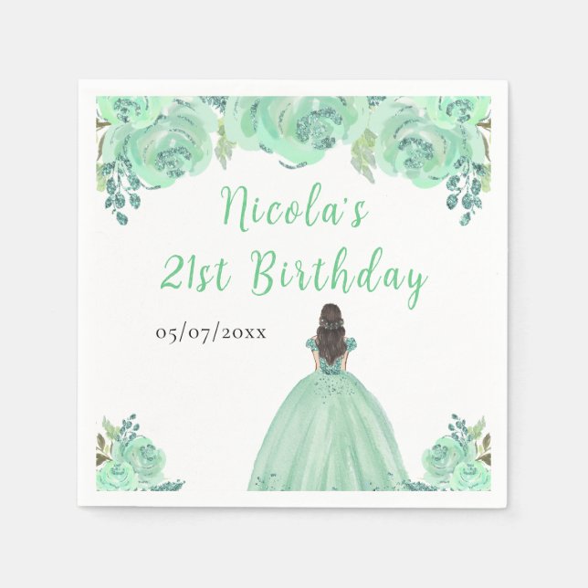 Brown Hair Princess Mint Floral Birthday Party Napkins (Front)
